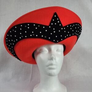 VTG Jack McConnell Boutique Designer Red Wool Hat w Rhinestone Pearls Church Hat